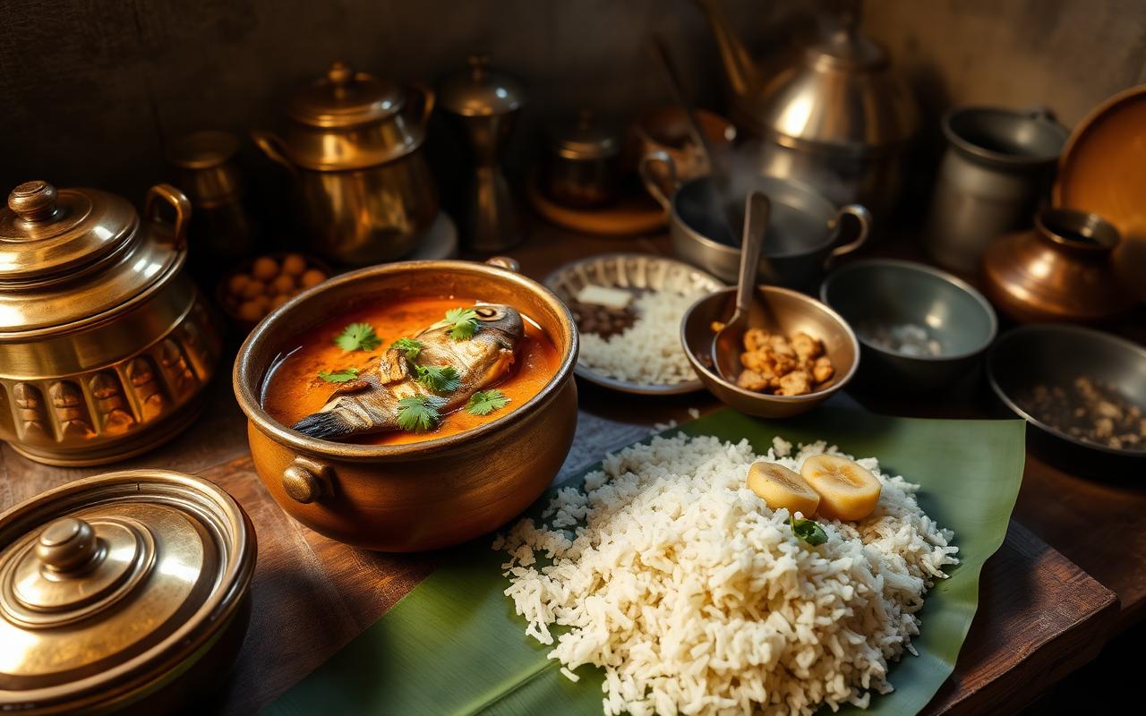 Malvani fish curry with steamed rice in a traditional Maharashtrian kitchen